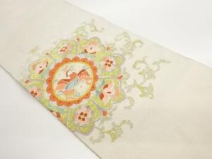 綴れ華文に鳥・花々模様織出し名古屋帯